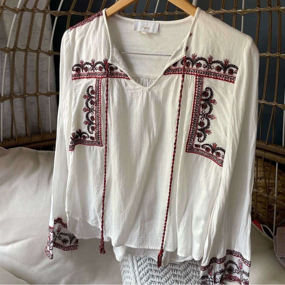 Braeve White Blouse with Red & Black Embroidered Detail